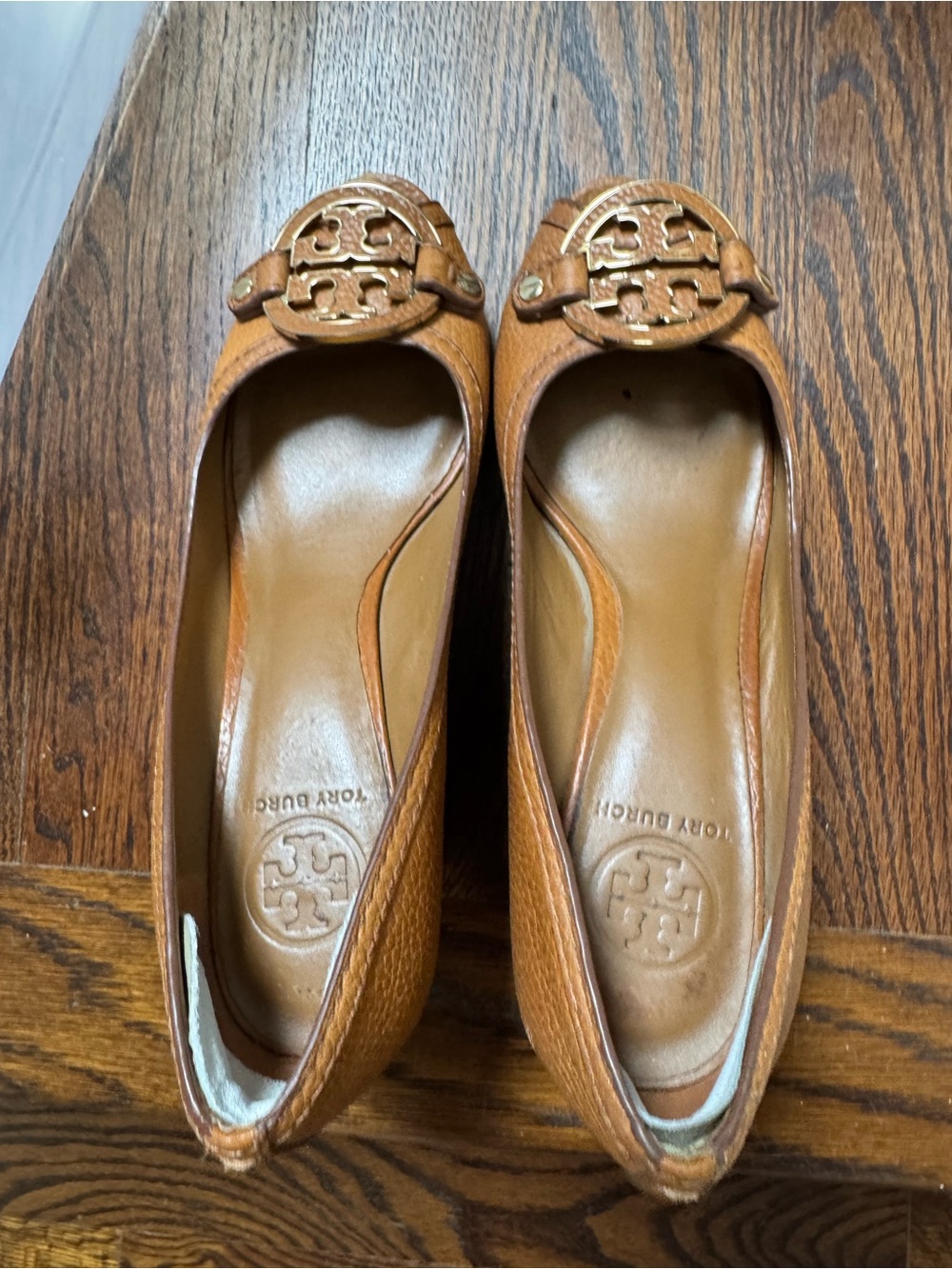 Tory Burch Cognac Leather Logo Ballet Flats